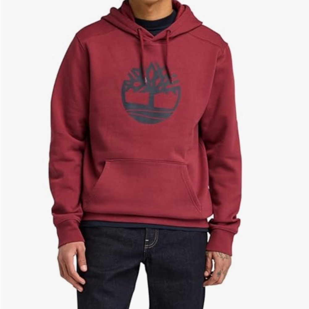 Timberland Men's Fleece Burgundy Pullover Drawstring Core Tree Logo Hoodie XS